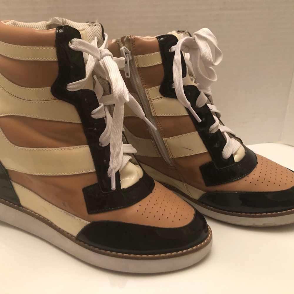 Jeffrey Campbell Ibiza womens wedge sneakers.  Size 8. Pink, ivory, black patent